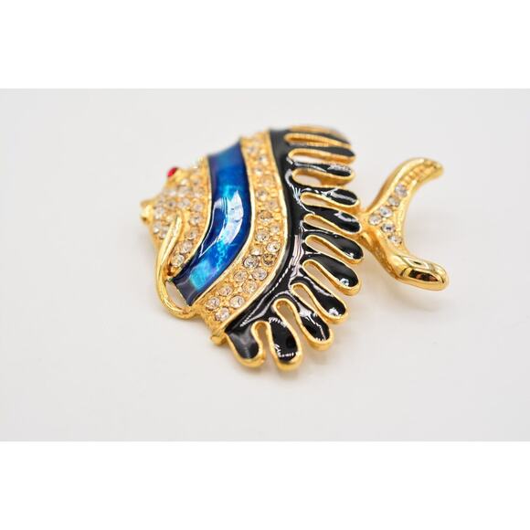 Vintage Fish Pin Brooch Blue Black Enamel Gold Rhinestone Crystal Chunky Bin5A - Picture 5 of 12